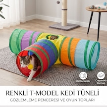 T-model Kedi Oyun Tüneli 3 Yollu Katlanabilir Pencereli Ponpon Oyuncaklı Kedi Tüneli 80x50 Cm