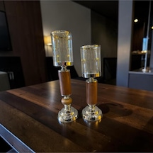 Woodgold Cam Mumluk & Ahşap Detaylı Şamdan Seti İkili Gümüş
