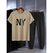 Uyguntarz Unisex New York Baskılı Eşofman Takımı Bej
