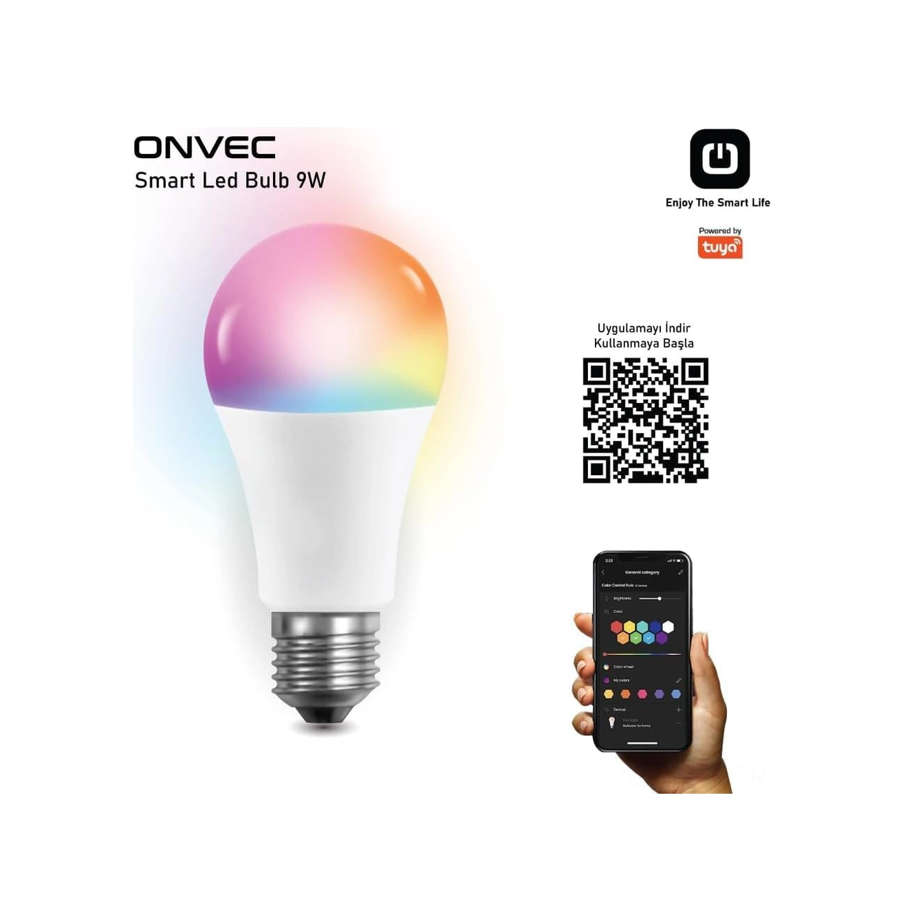 Konesam Onvec 2gen Tuya 9w Akıllı Ampul, Wifi+bluetooth Desteğiyle Rgb Renk Ve Parlaklık Ayarlamalı, 806 Lumens, 200-240v, 20.000 Saat Ömür 1 Adet Beyaz