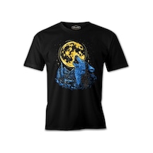 Wolf Howling İn A Blue Forest With A Golden Moon Siyah Erkek Tshirt 001