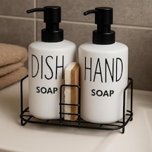 Metal Standlı Çiftli Seramik Sıvı Sabunluk Dish & Hand Soap Yazılı 12 Izgara