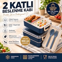 2 Katlı Bölmeli Sefer Tası / Beslenme Kabı 900ml - Kaşık Çatal Setli, Sızdırmaz Ve Bpa İçermez Lacivert