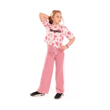 Toontoy Kids Toontoy Kız Çocuk 2'li Takım Baskılı Kısa Kollu Kapüşonlu Sweatshirt & Beli Lastikli Yanı Bantlı Bol Paça Eşofman Altı - 30/1 Penye Gül Kurusu