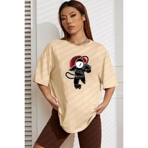 Unisex Nasa Baskılı Tasarım Tshirt Bej