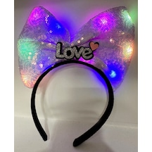 Led Işıklı 3 Farklı Fonksiyonda Yanan Gümüş Love Yazılı Lila Fiyonk Taç 20x17 Cm Çocuk
