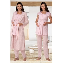 Effortt Dvina Lohusa Hamile Desenli Sabahlıklı Ve Kısa Kollu Pijama Takımı -3'lü Set - Pembe Pembe