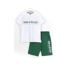 Dobakids Rise Enjoy Slogan Baskılı Erkek Çocuk Yazlık Takım Beyaz Yeşil Beyaz - Yeşil