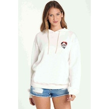 Gözlüklü Panda Cep Baskılı Beyaz Kadın Kapşonlu Sweatshirt (534764264)