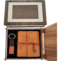 Özel Ahşap Kutulu Taba Deri Defter Ve Anahtarlık Set -