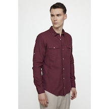 Tudors Slim Fit Uzun Kol Çift Cep Pamuk Keten Spor Yaka Erkek Bordo Gömlek-27395-bordo Bordo
