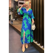 Madmext Saks Uzun V Yaka Desenli Kadın Elbise Mg2076-saks Saks