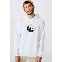 Ying Yang Cat Kedi Baskılı Beyaz Erkek Kapşonlu Sweatshirt