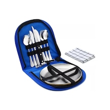 Tcherchi 10 Parça Kamp Sofra Seti Piknik Çatal Bıçak Takımı Mavi Çanta Gümüş Renk Set Mavi