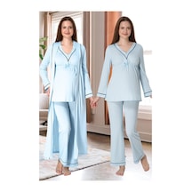 Angbutik Effortt 4054 Biye Detaylı Sabahlıklı Lohusa Pijama Takımı mavi