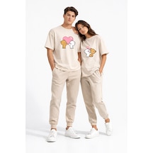 Sevgili Kombini Ayıcık Kalp Baskılı Çift Tişört Oversize Unisex Partner Kombin Seti Bej