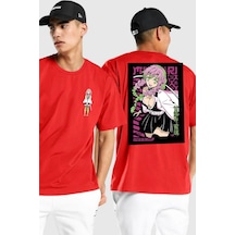 Anime Demon Slayer Kimetsu No Yaiba Mitsuri Kanroji Kırmızı Oversize Unisex Ön Ve Sırt Baskılı Tişört Kırmızı