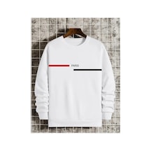 Tarzsokak Siyah Oversize Paris Şerit Baskılı Pamuklu Kapşonsuz Bisiklet Yaka Unisex Sweatshirt Beyaz