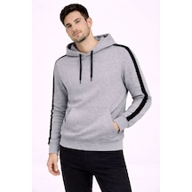 Erkek Şeritli Kapüşonlu Sweatshirt Oversize 3 İplik Pamuklu Hoodie - Gri