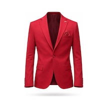 Plus Scorpion Erkek Kırmızı Armürlü Kumaş Blazer Ceket Tek Düğmeli, Mono Yaka, Çift Yırtmaçlı Slim Fit Kırmızı
