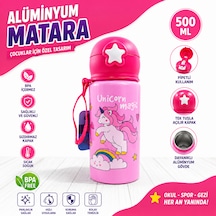 Alüminyum Matara 500 Ml Çocuk Su Matarası Pipetli Sızdırmaz Dayanıklı Taşıma İpli Pembe