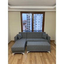 Açık Gri Keten Köşe Koltuk Takımı+puf