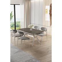 Canisa Olya Serisi 90x168 Mdf Sabit Lak Panel Antrasit İroni Masa Takımı Krom Ayaklı 4 Gri Sandalye Masa Antrasit İroni Gri Sandalye