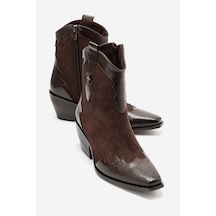 Luvishoes Luvi Shoes Loel Kahverengi Süet Kahverengi Desenli Kadın Kalın Topuklu Western Bot Kahverengi Süet