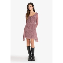 Defacto Coool V Yaka Çiçekli Tül Uzun Kollu Mini Elbise F8195ax25smbr248 Bordo-br248