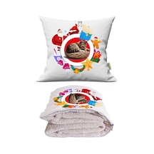 Yeniyıl Renkli Kedi Baskılı Dekoratif Yastık Kırlent Opsiyonel Battaniye 2 İn 1