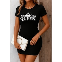 Butik İstanbul Kadın Kısa Kollu Queen Baskı Iki Iplik Mini Elbise Siyah