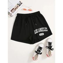 Letter Graphic Drawstring Şort Siyah