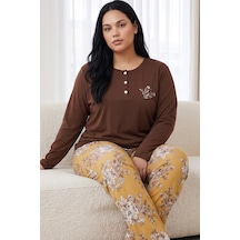 Siyah İnci Düğmeli Pamuklu Likralı Büyük Beden Battal Boy Örme Pijama Takım 26240958 Kahverengi