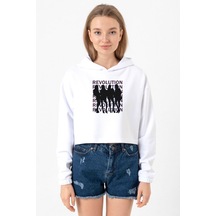 Blackpink Revolution Beyaz Optik Kadın Crop Kapşonlu 001