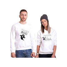 Tshirthane Boo Witch Sevgili Kombinleri Unisex Sweatshirt Kırık Beyaz