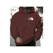 Herkesemoda Göğüs Baskı Yazı Detaylı İçi Polarlı Kapüşonlu Sweatshirt Kahverengi