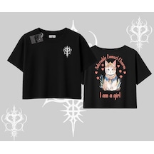 Tarzsokak Cute Princess Kedi Tasarımlı Arka Baskılı Oversize Crop Tshirt Siyah