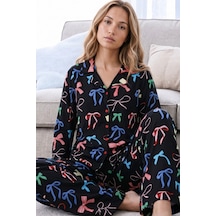 Siyah İnci Desenli Termal Kumaşlı Ultra Soft Yumuşak Düğmeli Örme Pijama Takımı 26226104 Siyah