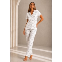 Kadın Kısa Kol Rahat Kalıp Şık Kar Beyaz Pijama Takımı