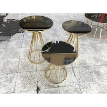 Brc CADDE Zigon Sehpa Takım MODEL Siyah Düz Temper Cam Metal Altın Kaplama Ayak El Yapım
