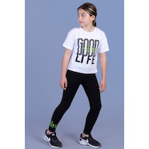 Toontoy Kids Toontoy Kız Çocuk 2'li Takım Baskılı Bisiklet Yaka T-shirt & Basic Düz Tayt Beyaz