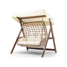 Girne Swing Ahşap Rattan Salıncak Dış Mekan Bahçe Balkon Ve Teras Salıncağı Krem