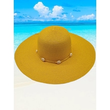 Kadın Deniz Kabuğu Detaylı Yazlık Hasır Şapka Sarı