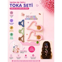 5'li Set İçi Boş Kalp Tasarımlı Çocuk Saç Tokası Seti - Klipsli Ve Kıskaç Toka Farklı Renk Seçenekli Pembe