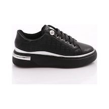 Dgn 2559 Kadin Bağcikli Şerit Detayli Sneakers Ayakkabi Siyah Siyah Gümüş