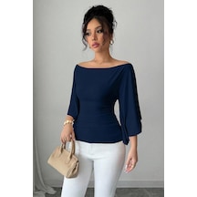 Kadın Lacivert Kayık Yaka Flare Kol Drapeli Fit Bluz Lacivert