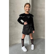 Boyboy Kidswear Kız Çocuk Kalp Detaylı Sweatshirt Ve Leopar Desenli Şort Etek Takım Siyah