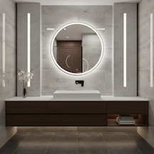 80x80 Cm Yuvarlak Led Duvar Aynası Kumlama Detaylı Touch Sensörlü, Dimmer Beyaz Işık 6500k Beyaz
