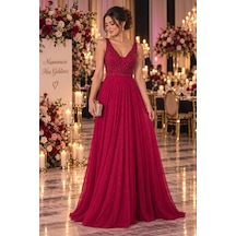 Gül&can Butik Kırmızı Taş İşlemeli Abiye Elbise Kırmızı