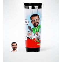 Kişiye Özel Bay Futbolcu Yeşil Beyaz Karikatürlü Çelik Termos Bar Beyaz - Yeşil